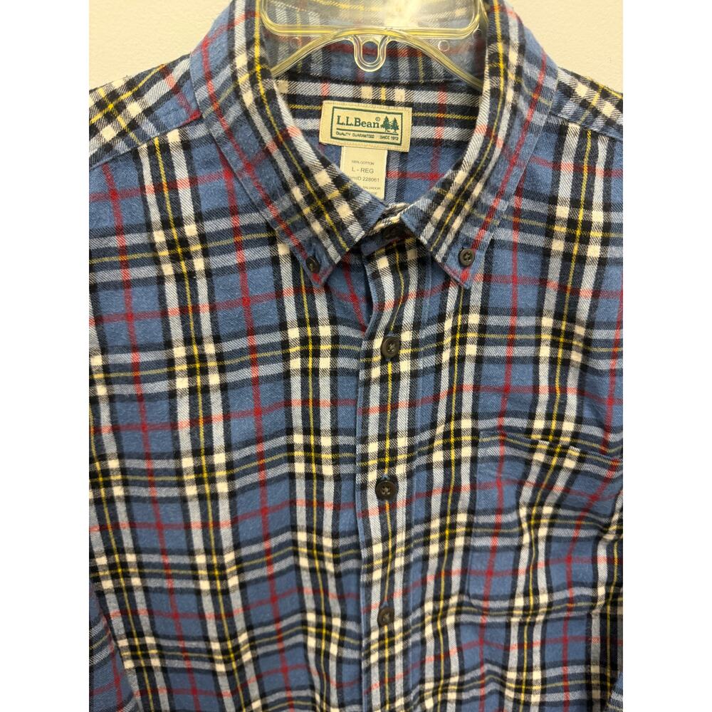 Vintage LL Bean Mens L blue white black Buffalo Plaid cotton Flannel Shirt - Picture 2 of 4